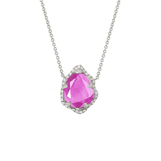 Baby Queen Water Drop Pink Sapphire Necklace with Full Pavé Halo White Gold   by Logan Hollowell Jewelry