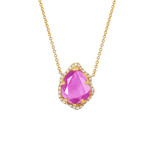 Baby Queen Water Drop Pink Sapphire Necklace with Full Pavé Halo Yellow Gold   by Logan Hollowell Jewelry
