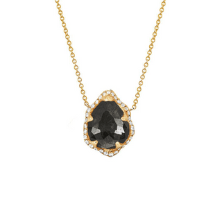 Baby Queen Water Drop Black Diamond Necklace with Full Pavé Diamond Halo Yellow Gold   by Logan Hollowell Jewelry