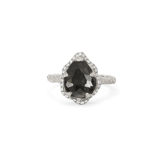 Baby Queen Water Drop Black Diamond Ring with Full Pavé Diamond Halo 4 White Gold  by Logan Hollowell Jewelry