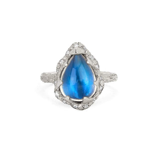 Baby Queen Water Drop Blue Sheen Moonstone Ring with Sprinkled Diamonds 4 White Gold  by Logan Hollowell Jewelry