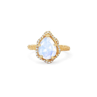 Baby Queen Water Drop Moonstone Ring with Full Pavé Diamond Halo Yellow Gold 4  by Logan Hollowell Jewelry