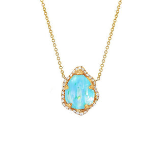 Baby Queen Water Drop Blue Opal Necklace with Full Pavé Diamond Halo Yellow Gold   by Logan Hollowell Jewelry