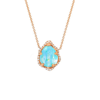 Baby Queen Water Drop Blue Opal Necklace with Full Pavé Diamond Halo Rose Gold   by Logan Hollowell Jewelry