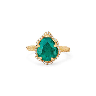 18k Baby Queen Water Drop Colombian Emerald Ring with Full Pavé Diamond Halo Yellow Gold 4  by Logan Hollowell Jewelry