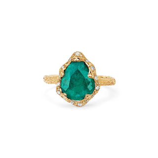 18k Baby Queen Water Drop Colombian Emerald Ring with Sprinkled Diamonds Yellow Gold 4  by Logan Hollowell Jewelry
