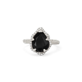 Baby Queen Water Drop Onyx Ring with Full Pavé Diamond Halo White Gold 5  by Logan Hollowell Jewelry