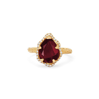 Baby Queen Water Drop Enhanced Ruby Ring with Full Pavé Diamond Halo Yellow Gold 5  by Logan Hollowell Jewelry