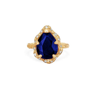 Baby Queen Water Drop Sapphire Ring with Sprinkled Diamond Halo Yellow Gold 5  by Logan Hollowell Jewelry
