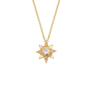 North Star Moonstone Necklace with Diamonds Yellow Gold Standard Solid Chain 16" by Logan Hollowell Jewelry