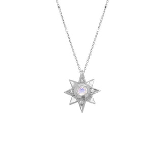 North Star Moonstone Necklace with Diamonds White Gold Twinkle Chain 16" by Logan Hollowell Jewelry