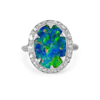 18k Blue Boulder Opal Ring with Sprinkled Diamonds White Gold 4  by Logan Hollowell Jewelry