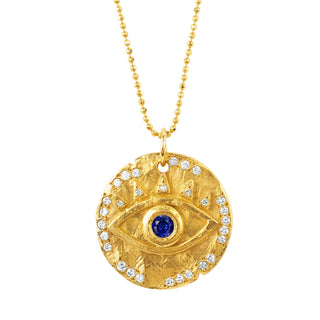 18k Sapphire Eye of Protection Coin Pendant Yellow Gold 18"  by Logan Hollowell Jewelry