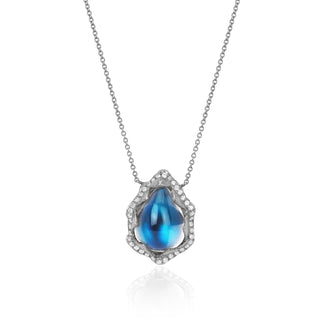 18k Queen Water Drop Blue Sheen Moonstone Necklace with Full Pavé Halo White Gold 16-18"  by Logan Hollowell Jewelry