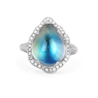 18k Queen Water Drop Blue Sheen Moonstone Ring with Full Pavé Halo White Gold 4  by Logan Hollowell Jewelry
