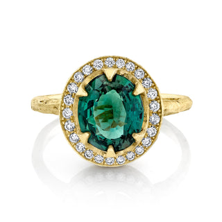 Queen Oval Premium Zambian Emerald Ring with Full Pavé Diamond Halo Yellow Gold 5  by Logan Hollowell Jewelry