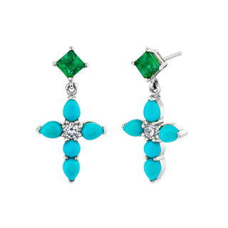 Small Emerald & Turquoise Drop Faith Stud White Gold Pair  by Logan Hollowell Jewelry