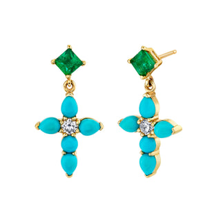 Small Emerald & Turquoise Drop Faith Stud Yellow Gold Pair  by Logan Hollowell Jewelry
