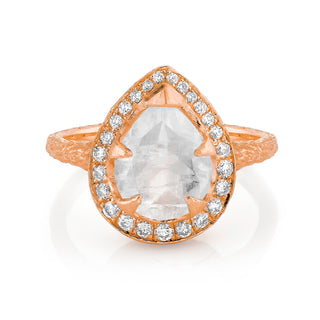 18k Baby Queen Moonstone Water Drop Ring with Large Full Pave Halo Rose Gold 4  by Logan Hollowell Jewelry