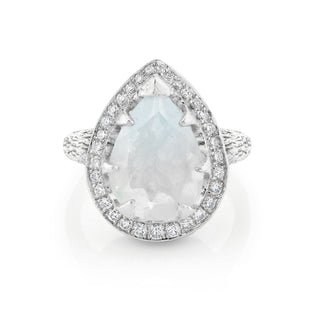 18k Classic Queen Moonstone Water Drop Ring with Large Full Pave Halo White Gold 4  by Logan Hollowell Jewelry