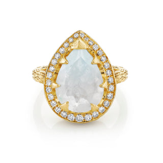 18k Classic Queen Moonstone Water Drop Ring with Large Full Pave Halo Yellow Gold 4  by Logan Hollowell Jewelry
