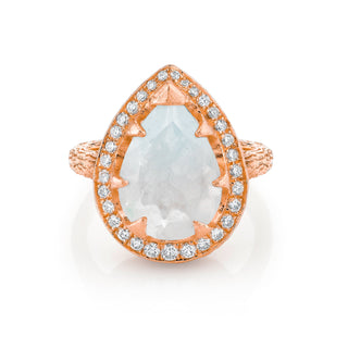 18k Classic Queen Moonstone Water Drop Ring with Large Full Pave Halo Rose Gold 4  by Logan Hollowell Jewelry