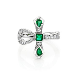 Eternal Ankh Pavé Diamond and Emerald Ring 4 White Gold  by Logan Hollowell Jewelry
