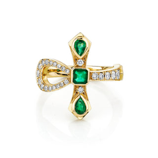 Eternal Ankh Pavé Diamond and Emerald Ring 4 Yellow Gold  by Logan Hollowell Jewelry
