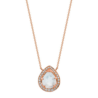 18k Baby Queen Moonstone Water Drop Necklace with Large Full Pave halo Rose Gold 16-18"  by Logan Hollowell Jewelry