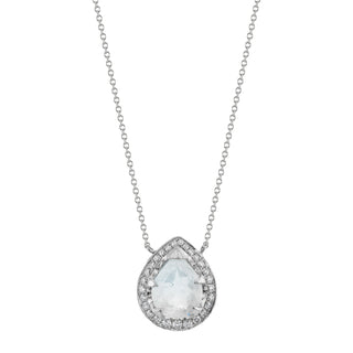 18k Baby Queen Moonstone Water Drop Necklace with Large Full Pave halo White Gold 16-18"  by Logan Hollowell Jewelry