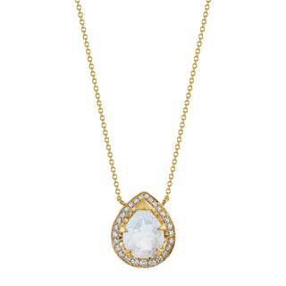 18k Baby Queen Moonstone Water Drop Necklace with Large Full Pave halo Yellow Gold 16-18"  by Logan Hollowell Jewelry