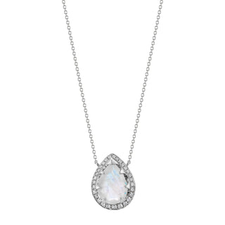 18k Classic Queen Moonstone Water Drop Necklace with Large Full Pave Halo White Gold 16-18"  by Logan Hollowell Jewelry