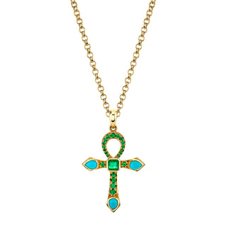 Eternal Ankh Emerald and Turquoise Necklace Yellow Gold 16"  by Logan Hollowell Jewelry