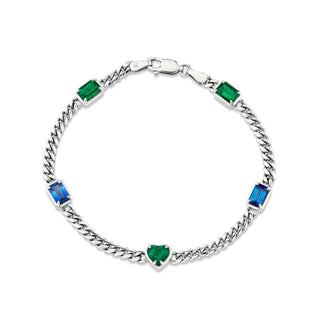 Emerald and Blue Sapphire Cuban Bracelet 6.5" White Gold  by Logan Hollowell Jewelry