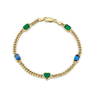 Emerald and Blue Sapphire Cuban Bracelet 6.5" Yellow Gold  by Logan Hollowell Jewelry