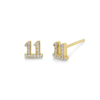 Mini 11 Numerology Studs with Pavé Diamonds Single Yellow Gold  by Logan Hollowell Jewelry