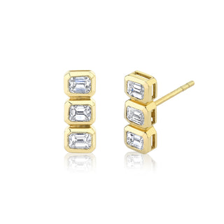 Three Emerald Cut Diamond Studs Single Yellow Gold  by Logan Hollowell Jewelry