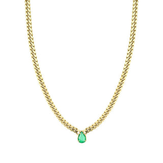 Queen Cuban Choker with Water Drop Colombian Emerald Center 14" Yellow Gold  by Logan Hollowell Jewelry