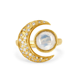 Queen Moonstone Crescent Ring with Sprinkled Diamonds Yellow Gold 5.5  by Logan Hollowell Jewelry