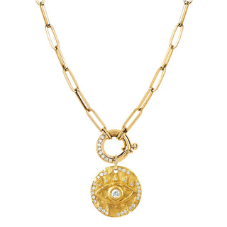Alchemy Link Charm Necklace with Pavé Diamonds and 18k Diamond Eye of Protection Coin Charm Yellow Gold 16"  by Logan Hollowell Jewelry