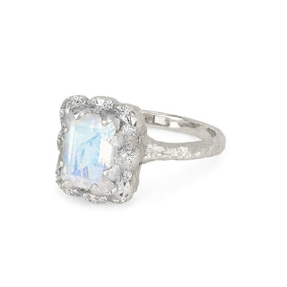18k Queen Emerald Cut Moonstone Ring with Sprinkled Diamonds    by Logan Hollowell Jewelry