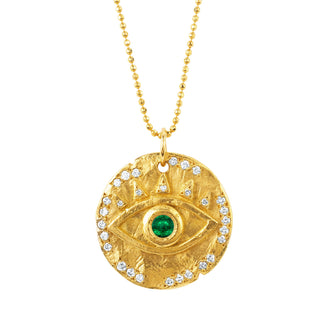 18k Emerald Eye of Protection Coin Pendant Yellow Gold 18"  by Logan Hollowell Jewelry