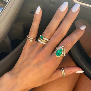 French Pavé Queen Cloud Fit Band with Emerald Center    by Logan Hollowell Jewelry