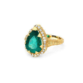 18k Premium Water Drop Colombian Emerald Queen Ring with Full Pavé Diamond Halo    by Logan Hollowell Jewelry