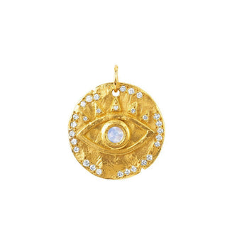 18k Moonstone Eye of Protection Coin Charm Yellow Gold   by Logan Hollowell Jewelry