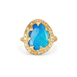 Free Form Blue Opal Queen Ring with Sprinkled Diamonds 4 Yellow Gold  by Logan Hollowell Jewelry