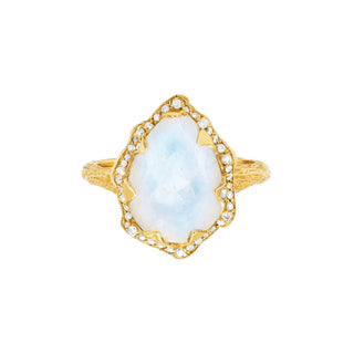 Queen Water Drop Moonstone Ring with Full Pavé Diamond Halo Yellow Gold 4  by Logan Hollowell Jewelry
