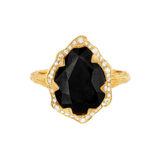 Queen Water Drop Onyx Ring with Full Pavé Diamond Halo 4 Yellow Gold  by Logan Hollowell Jewelry