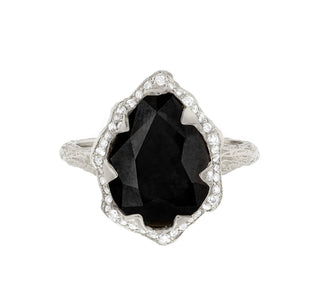 Queen Water Drop Onyx Ring with Full Pavé Diamond Halo 4 White Gold  by Logan Hollowell Jewelry
