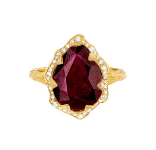 Queen Water Drop Enhanced Ruby Ring with Full Pavé Diamond Halo Yellow Gold 5  by Logan Hollowell Jewelry